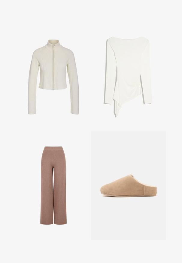 Sweater en tricot crème coupé, avec un col montant, une fermeture éclair sur le devant et une texture côtelée. Il a des manches longues et une coupe ajustée.; Haut blanc à manches longues avec ourlet asymétrique et détail de drapé doux sur un côté, présenté sur un fond uni.; Pantalons en maille marron à jambe large avec un tissu texturé, dotés d'une taille élastique et d'une coupe ample pour le confort.; Chausson beige en daim à enfiler, doublure en peluche et semelle plate, bout fermé, arrière ouvert, avec un logo discret "UGG" sur le côté.