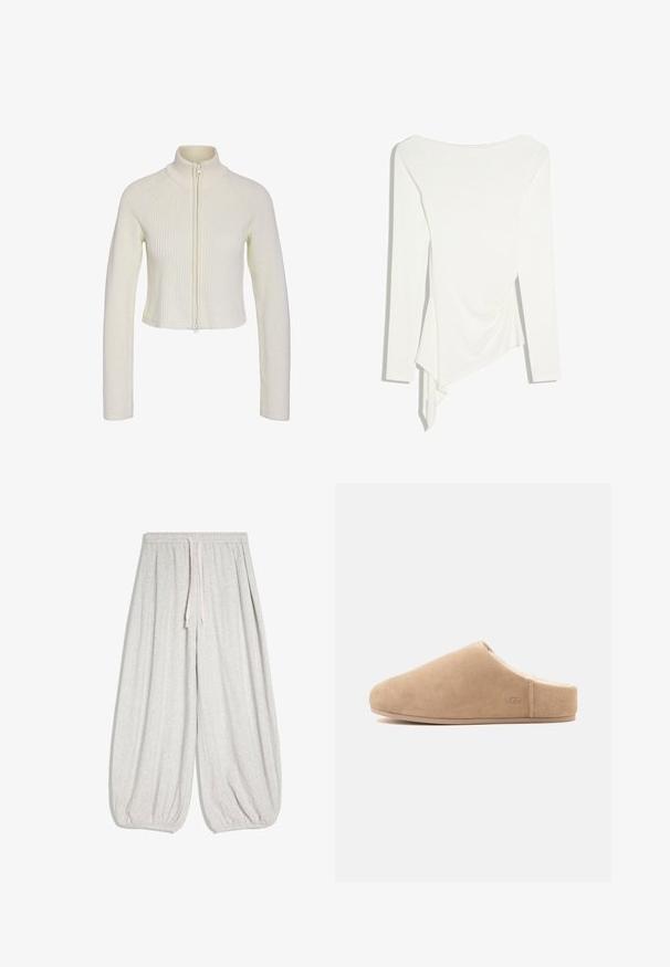 Sweater en tricot crème coupé, avec un col montant, une fermeture éclair sur le devant et une texture côtelée. Il a des manches longues et une coupe ajustée.; Haut blanc à manches longues avec ourlet asymétrique et détail de drapé doux sur un côté, présenté sur un fond uni.; Pantalon de survêtement gris clair à jambes larges avec taille élastique, cordon de serrage et poignets élastiques aux chevilles, présenté sur fond blanc.; Chausson beige en daim à enfiler, doublure en peluche et semelle plate, bout fermé, arrière ouvert, avec un logo discret "UGG" sur le côté.