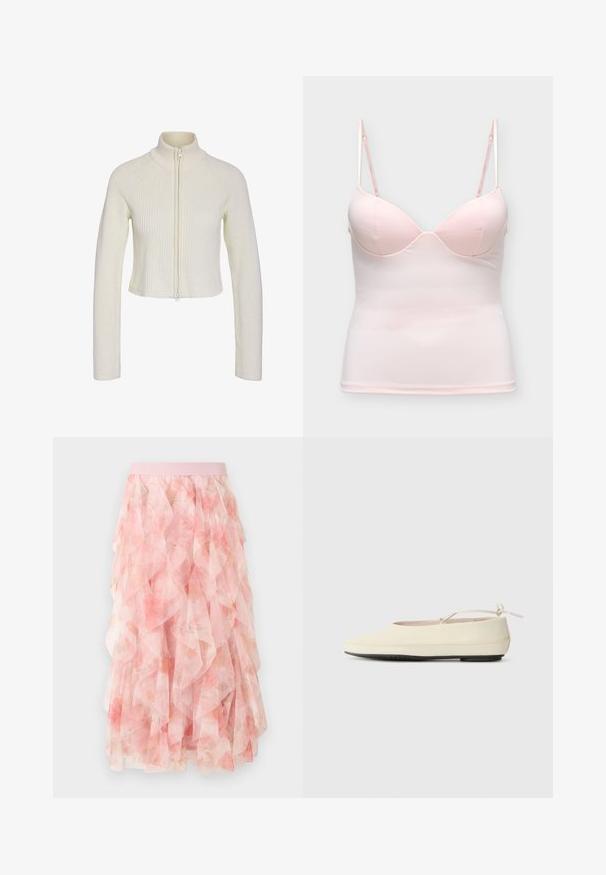 Sweater en tricot crème coupé, avec un col montant, une fermeture éclair sur le devant et une texture côtelée. Il a des manches longues et une coupe ajustée.; Camisole ajustée rose clair avec bonnets à armatures intégrés et bretelles spaghetti réglables sur un fond uni.; Jupe midi en tulle rose à couches avec motif floral et taille élastique, présentant des textures douces et volantées.; Des chaussures plates de couleur crème avec un bout arrondi, une sangle à la cheville et une semelle en caoutchouc noir contrastante. Matériau lisse avec un detailing minimal.