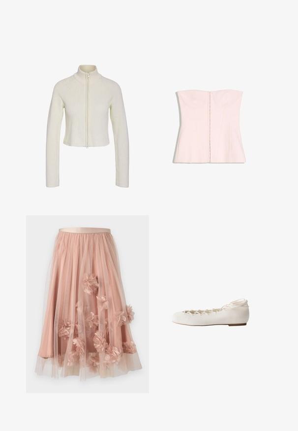 Sweater en tricot crème coupé, avec un col montant, une fermeture éclair sur le devant et une texture côtelée. Il a des manches longues et une coupe ajustée.; Top corset rose clair sans bretelles avec bonnets structurés et coutures verticales, présenté à plat sur fond blanc.; Jupe en tulle rose pâle avec une ceinture en satin. Comprend plusieurs couches de tissu transparent et des appliqués floraux en trois dimensions sur toute la surface.; Ballerine blanche avec lacets croisés devant et attache à la cheville, semelle plate et bout arrondi, vue de profil.