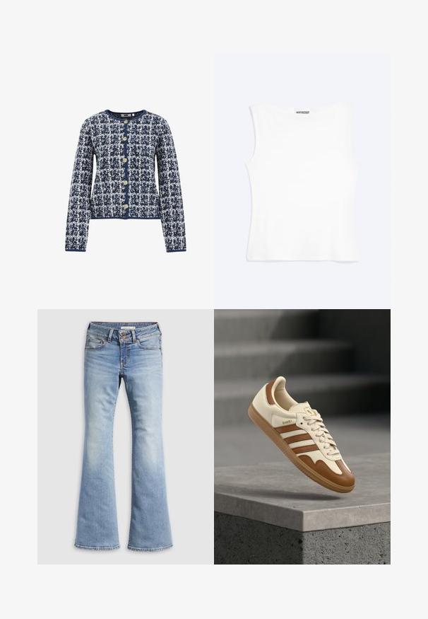 Gilet à motif carreaux bleu marine et blanc, avec des manches longues, un col rond et des boutons dorés sur le devant. Tissu texturé sur l'ensemble.; Débardeur blanc ajusté sans manches avec un col rond et un design minimaliste, étiqueté "WEEKDAY" à l'intérieur du col.; Jean évasé bleu clair en denim. Il présente une fermeture par bouton, cinq poches et une texture délavée avec des ourlets sans couture.; Baskets classiques avec une tige en cuir crème, des accents marron, trois bandes et une semelle en caoutchouc texturée. Elles présentent un bout arrondi et une fermeture à lacets.
