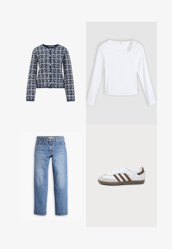 Marineblauwe en witte geblokte cardigan met lange mouwen, ronde halslijn en gouden knopen aan de voorkant. Geweven stof door het geheel.; Witte longsleeve t-shirt van geribbelde stof, met een vierkante halslijn en een aansluitend model, voorzien van een klein logotag aan de zijkant.; Lichtblauwe denim jeans met een rechte pasvorm, vijf zakken en een ritssluiting. De stof heeft een klassieke textuur met een lichte vervaging.; Witte en bruine Adidas Samba sneaker met drie bruine strepen, veters en een textuurs van boven- tot zool, getoond vanaf de zijkant op een effen achtergrond.