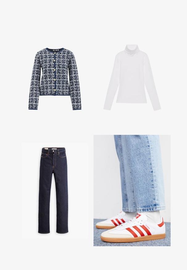 Cardigan a rayas en azul marino y blanco con mangas largas, escote redondo y botones dorados en la parte delantera. Fabricado con un tejido texturizado.; Top blanco de manga larga y cuello alto, confeccionado en una tela suave y elástica. Presenta un diseño ajustado, sin patrones o adornos visibles.; Jeans de mezclilla rectos de color azul oscuro con cinco bolsillos y costuras naranjas visibles sobre un fondo blanco.; Zapatillas de cuero blancas con rayas y detalles rojos. Cuentan con una suela de goma texturizada y un collar acolchado. Llevadas con denim azul claro.