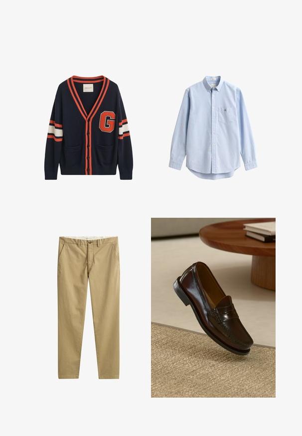Navy cardigan lavet af strikket stof, med orange og hvide striber på ærmerne, et stort "G" patch og to lommer foran.; Lyseblå bomuldsskjorte med knapper. Har en brystlomme, lange ærmer og en klassisk krave. Glat tekstur med afrundet kant.; Beige afslappede bukser med lige ben, sidelommer, bæltestropper, knaplukning og lynlås, lavet af mærket GANT.; Brune læder loafers med en blank overflade, der har en syet detalje over fronten og en lavprofil sort gummisål.