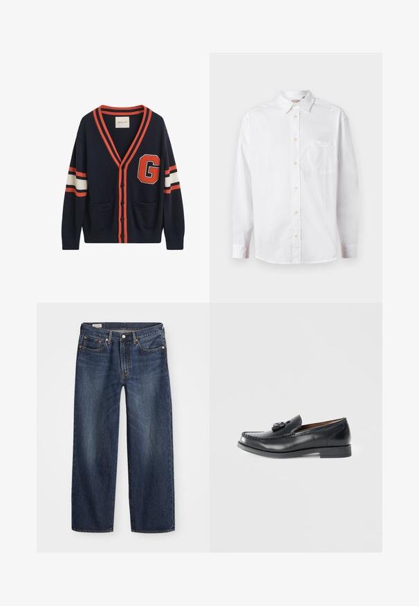 Navy cardigan lavet af strikket stof, med orange og hvide striber på ærmerne, et stort "G" patch og to lommer foran.; Hvid langærmet skjorte med knapper, krave og brystlomme, vist på en ensfarvet lys baggrund.; Mørkeblå denim jeans med lige ben, fem-lomme design, metalknap og lynlåsgylf samt subtile slidmærker.; Sorte læderloafers med moccasin-design, dekorativ syning, en forhøjet detalje på forsiden og en lavprofil sål.