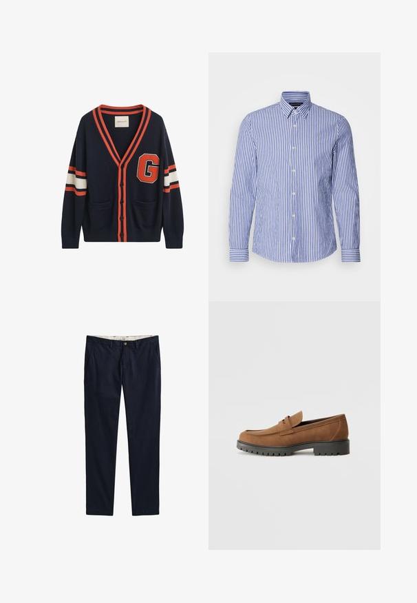 Cárdigan navy hecho de tela de punto, con rayas naranjas y blancas en las mangas, un gran parche con la letra "G" y dos bolsillos delanteros.; Camisa de botones de manga larga a rayas azul y blanca, hecha de algodón tejido, con un cuello clásico y un dobladillo redondeado. Presenta botones perlados.; Pantalones azul marino de pierna recta con bolsillos laterales, presillas para cinturón, cierre de botón y cremallera, mostrados extendidos sobre un fondo blanco.; Mocasines de ante marrón con punta redondeada y una suela de goma negra baja, que presentan una correa decorativa y detalles de costura en la parte superior.