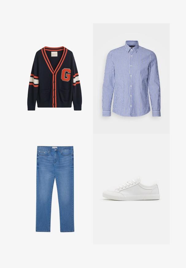 Navy cardigan lavet af strikket stof, med orange og hvide striber på ærmerne, et stort "G" patch og to lommer foran.; Blå og hvidstribet langærmet skjorte med knapper lavet af vævet bomuld, med klassisk krave og rundet kant. Udstyret med perleknapper.; Lyseblå denimjeans med lige ben, femlommes design, subtil falming og metalbeslag ved taljen og lommerne.; Hvide sneakers med en glat læderoverdel, rund tå, flad gummisål og seks øjestik til snørebånd. Subtile syninger og minimalistisk design.