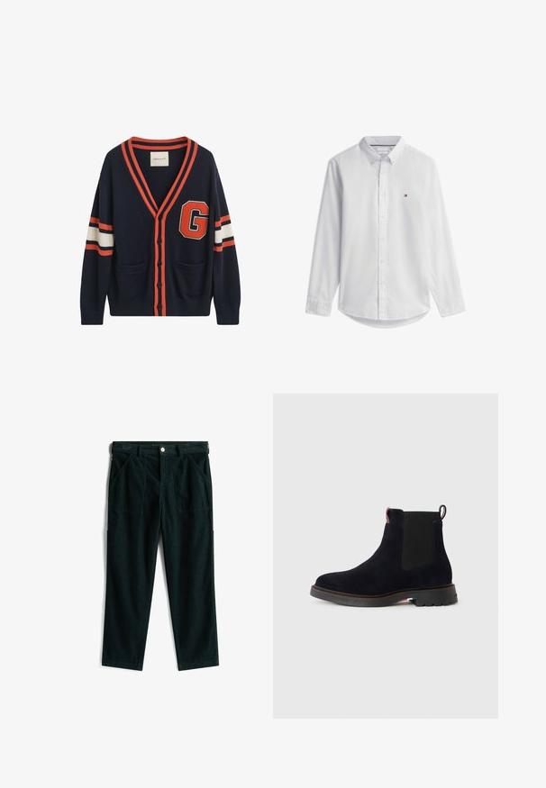 Navy cardigan lavet af strikket stof, med orange og hvide striber på ærmerne, et stort "G" patch og to lommer foran.; Hvid skjorte med lange ærmer, knapper, krave og lille rød, hvid og blå logo på venstre side af brystet.; Mørkegrønne corduroy-bukser har et lige bendesign, forlommer og en knaplukning med bæltestropper. Glat tekstur med lodrette linjer.; Suede ankelstøvle i mørk navy med elastiske sideskiver, trækstrop og en struktureret gummisål. Har minimal syning og klassisk design.