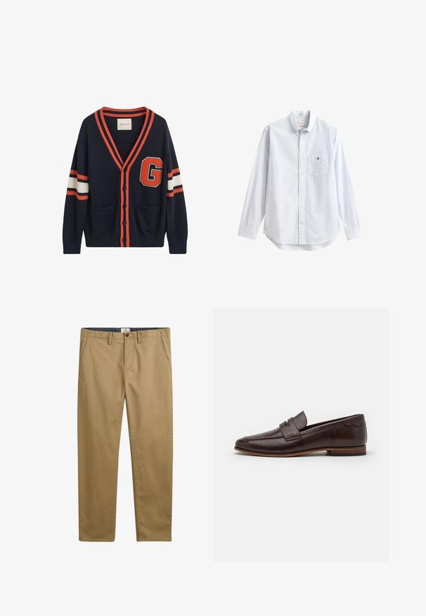 Navy cardigan lavet af strikket stof, med orange og hvide striber på ærmerne, et stort "G" patch og to lommer foran.; Lyseblå skjorte med lange ærmer og knapper, lavet af bomuld. Har en lomme på venstre bryst og en klassisk krave med et lille brandingsdetalje.; Khaki bomuldsbukser med lige pasform, der har sidelommer, knaplukning og et struktureret stof.; Brune læder loafer med et vævet accent over toppen, glat finish, let spidse tå og en lav stablet hæl.