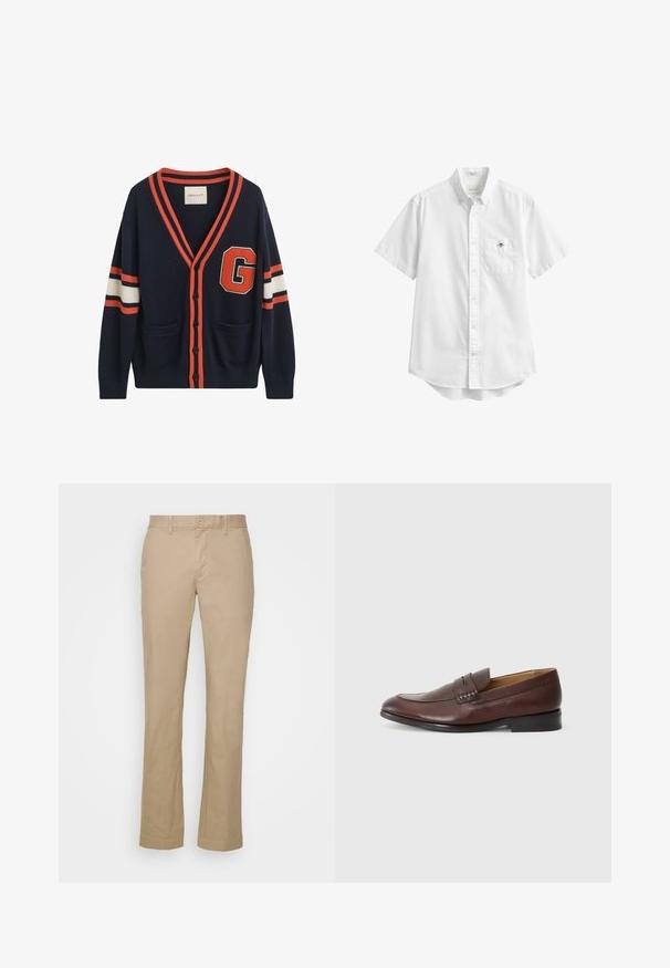 Navy cardigan lavet af strikket stof, med orange og hvide striber på ærmerne, et stort "G" patch og to lommer foran.; Hvid kortærmet skjorte med knapper, brystlomme med lille broderet logo og knappet krave.; Beige lige bukser i bomuldsstof med flad front og bæltestropper. Har en enkelt knaplukning og opretstående mansjetter.; JOOP! KLEITOS - Loafers - brown