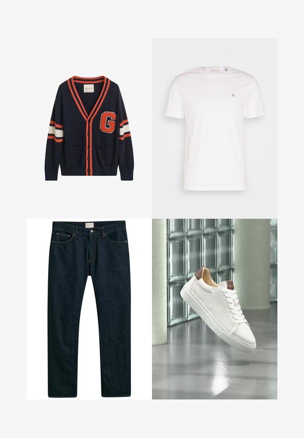 Cárdigan navy hecho de tela de punto, con rayas naranjas y blancas en las mangas, un gran parche con la letra "G" y dos bolsillos delanteros.; Camiseta de algodón blanca con cuello redondo, mangas cortas y un pequeño logo bordado en el pecho. Textura suave, diseño simple.; Jeans de mezclilla azul oscuro con un diseño de pierna recta, estilo de cinco bolsillos y costura en contraste en las costuras. Textura de tela suave.; Zapatilla de piel blanca con detalles marrones y cordones blancos flotando sobre un suelo de hormigón brillante con ventanas de bloques de vidrio al fondo.