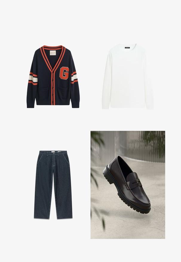 Navy cardigan lavet af strikket stof, med orange og hvide striber på ærmerne, et stort "G" patch og to lommer foran.; Enkelt hvid langærmet rundhalset skjorte med en lille sort label indeni kraven på hvid baggrund.; Mørkeblå bukser med brede ben og lodrette striber, med lynlås og knaplukning, fire lommer og kontrastfulde hvide syningsdetaljer.; Brune læder loafers med en tekstureret, rippet gummisål. Har et slankt design og et dekorativt bånd over vristen.