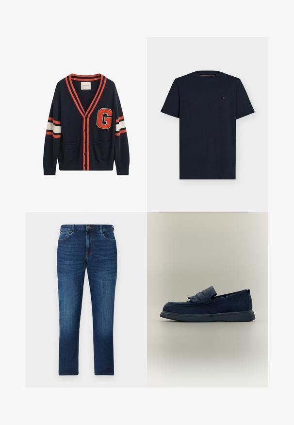 Navy cardigan lavet af strikket stof, med orange og hvide striber på ærmerne, et stort "G" patch og to lommer foran.; Marineblå kortærmet bomulds-T-shirt med rund hals og lille rød, hvid og blå logo på venstre bryst.; Mørkeblå denimjeans med let falmet effekt, forlommer, bæltestropper og knaplukning på en ensfarvet baggrund.; Mørkeblå ruskindslommer med frynset rem og gummisål, vist i sideprofil på en neutral baggrund.