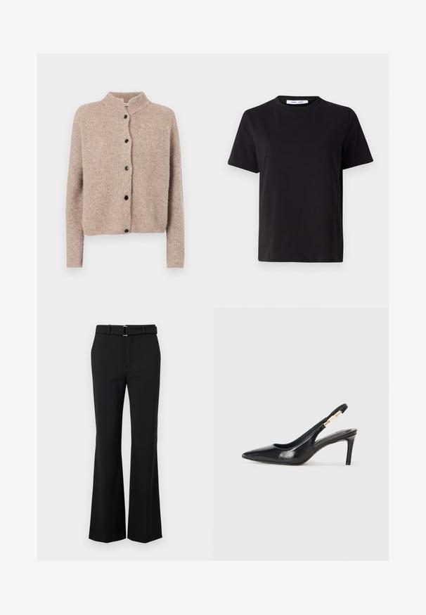 Beige strikket cardigan med høj krave, ribbet tekstur og fem sorte knapper foran. Korte, lidt løse ærmer.; Sort t-shirt med korte ærmer fremstillet af blødt bomuld, med rund halsudskæring, afslappet pasform og en glat overflade. Ingen synlige mønstre eller grafik.; Sorte flagrende bukser med en glat tekstur, der har en tætsiddende talje og et bælte med en sølvspænde. Rent design uden synlige mønstre.; Sort læder slingback højhælede sko med spidse tæer, glat overflade og en smal ankelrem med guldfarvede hardware detaljer.