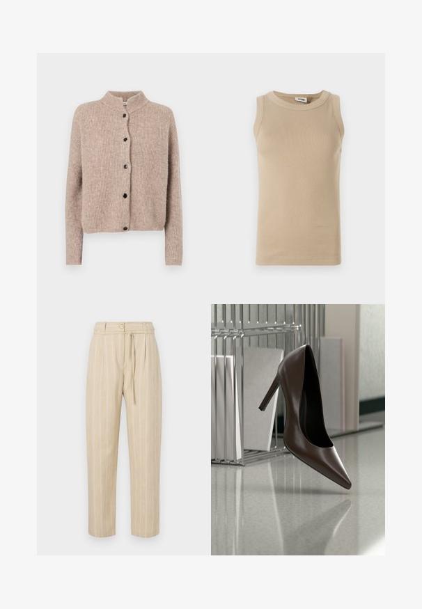 Cárdigan de punto beige con un cuello alto, textura acanalada y cinco botones negros en la parte delantera. Mangas cortas y ligeramente holgadas.; Top sin mangas beige fabricado con tejido acanalado, con cuello redondo, con costuras tonales y un diseño ajustado.; Pantalones a rayas beige con un corte relajado, que cuentan con una cintura ajustada, cierre de botón y cinturón de lazo, confeccionados en un tejido ligero.; Zapato de cuero marrón oscuro con tacón alto flotando sobre un suelo reflectante junto a un estante metálico con paneles blancos en una habitación.