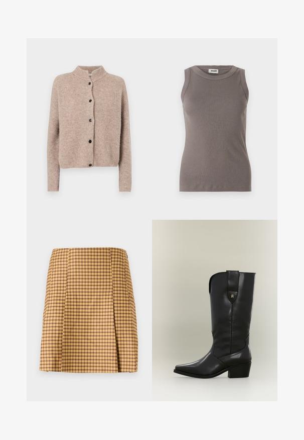 Cárdigan de punto beige con un cuello alto, textura acanalada y cinco botones negros en la parte delantera. Mangas cortas y ligeramente holgadas.; Top de tirantes gris con cuello redondo y diseño sin mangas, confeccionado en una suave tela texturizada. Silueta simple y ajustada.; Falda de cuadros amarillos y morados con corte recto, que presenta un sutil plisado en el frente y una tela de textura suave.; Bota cowboy alta de cuero negro con punta puntiaguda, tacón grueso y lengüeta con un pequeño logo dorado.