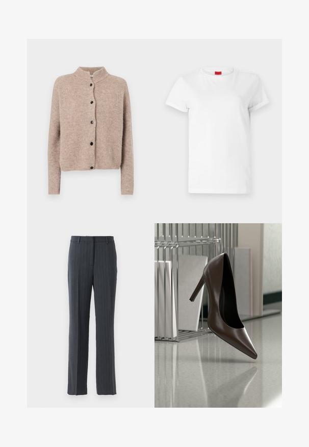 Beige strikket cardigan med høj krave, ribbet tekstur og fem sorte knapper foran. Korte, lidt løse ærmer.; Hvid kortærmet t-shirt lavet af letvægts bomuld. Har en rund halsudskæring og rullede ærmer. Rød logoetiket på kraven.; Mørkegrå stribede lige ben bukser til mænd med bælteholdere og lynlåsclosure på en hvid baggrund.; Mørkebrunt læderhæl med høj hæl, der svæver over en reflekterende gulvplade nær en metalhylde med hvide paneler i et rum.