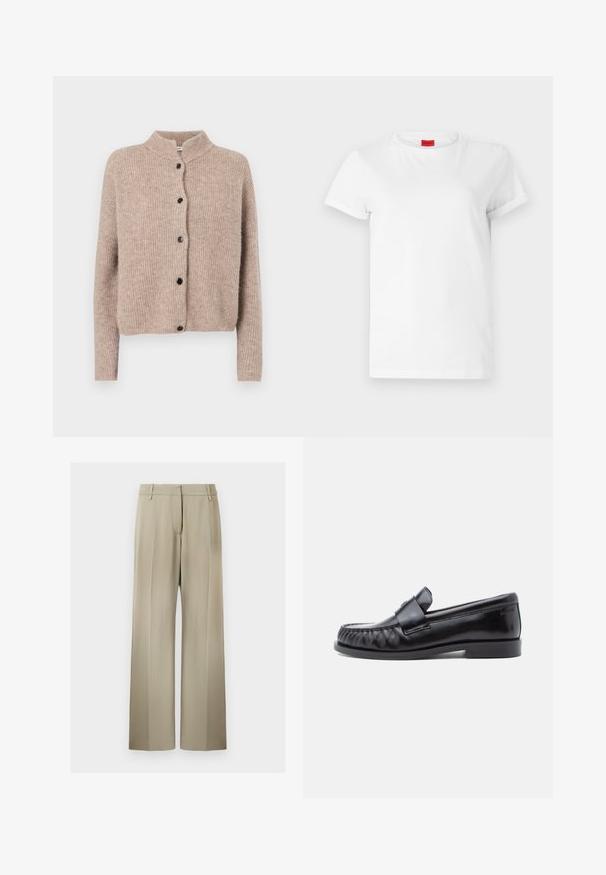 Beige strikket cardigan med høj krave, ribbet tekstur og fem sorte knapper foran. Korte, lidt løse ærmer.; Hvid kortærmet t-shirt lavet af letvægts bomuld. Har en rund halsudskæring og rullede ærmer. Rød logoetiket på kraven.; Bredde benbukser i blød beige stof, med en flad front, beltdusk og en glat tekstur. Standard talje med ingen synlige mønstre.; Sorte læderloafers med rundet tå, karakteristisk syning og en dekorativ rem over vampen. Glat finish og lav hæl.