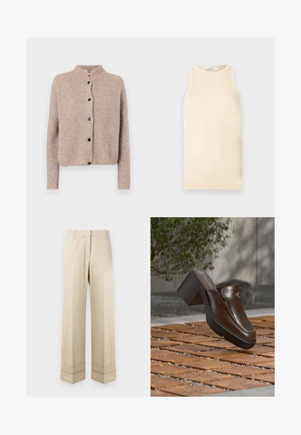 Cárdigan de punto beige con un cuello alto, textura acanalada y cinco botones negros en la parte delantera. Mangas cortas y ligeramente holgadas.; Top sin mangas de color beige claro, hecho de tejido acanalado, que presenta un escote redondo y un diseño ajustado. Textura suave con costuras mínimas.; Pantalones beige de corte recto, con un doble puño en el dobladillo y un diseño de frente plano. Fabricados en una tela suave y duradera.; Mule con tacón de cuero marrón Calvin Klein flotando sobre un suelo de baldosas de madera con un fondo borroso de planta verde y pared.