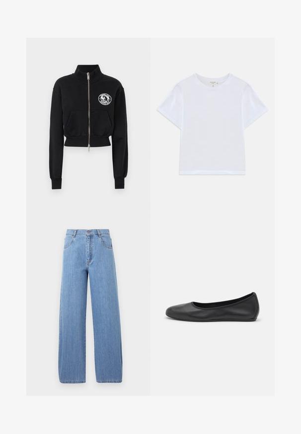 Schwarzes, kurz geschnittenes Sweatshirt mit hohem Kragen, Frontreißverschluss, zwei Taschen und einem weißen Grafik-Patch mit einem Pferdemotiv.; Weißes, kürzer geschnittenes T-Shirt aus weicher Baumwolle mit Rundhalsausschnitt und kurzen Ärmeln in einem leicht lässigen Schnitt. Keine Muster oder Akzente.; Helle blaue weit geschnittene Jeans aus Denim mit hoher Taille, vorderen Taschen und dezenten Steppnähten an den Nähten.; Schwarze Leder-Ballettschuhe mit abgerundeter Spitze, glatter Textur, minimalen Nähdetails und einem flexiblen Sohlen-Design.