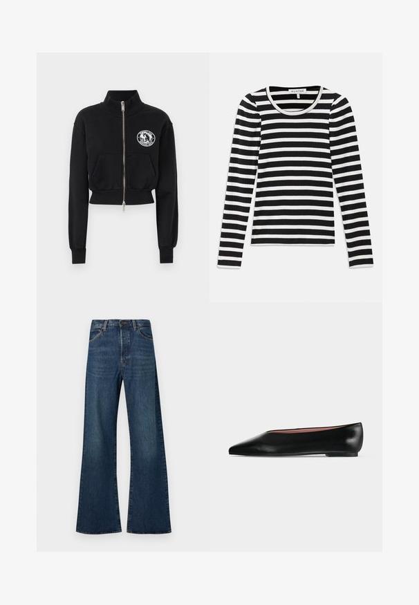 Schwarzes, kurz geschnittenes Sweatshirt mit hohem Kragen, Frontreißverschluss, zwei Taschen und einem weißen Grafik-Patch mit einem Pferdemotiv.; Langärmliges, geripptes Oberteil mit schwarz-weißen horizontalen Streifen. Verfügt über einen runden Ausschnitt und kontrastierende Borte. Weicher Stoff.; Dunkelblaue High-Waist-Denim-Jeans mit ausgestelltem, weitem Bein, vorderer Knopf- und Reißverschluss sowie vorderen Taschen.; Schwarzer flacher Damenleder-Schuh mit spitzer Kappe und niedrigem Absatz, von der Seite auf einfarbigem hellgrauem Hintergrund gezeigt.