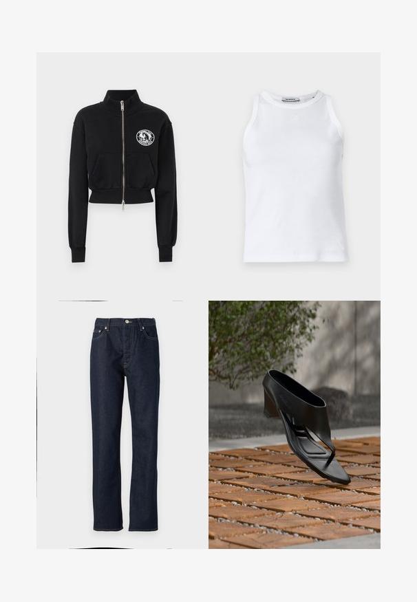 Schwarzes, kurz geschnittenes Sweatshirt mit hohem Kragen, Frontreißverschluss, zwei Taschen und einem weißen Grafik-Patch mit einem Pferdemotiv.; Weißer, gerippter Tanktop mit rundem Ausschnitt, ärmellosem Design und kleinem Logo auf der Vorderseite. Glatte Textur und figurbetonter Schnitt.; Dunkelblaue Jeans aus Denim mit geradem Schnitt, ausgestattet mit einem Knopf- und Reißverschluss, Fünf-Taschen-Design und kontrastierenden Nähdetails.; Schwarze High-Heeled Sandale mit Zehensteg, schwebend über einer gemusterten Holz- und Kiesaußenfläche mit verschwommenem Grün und Wand im Hintergrund.