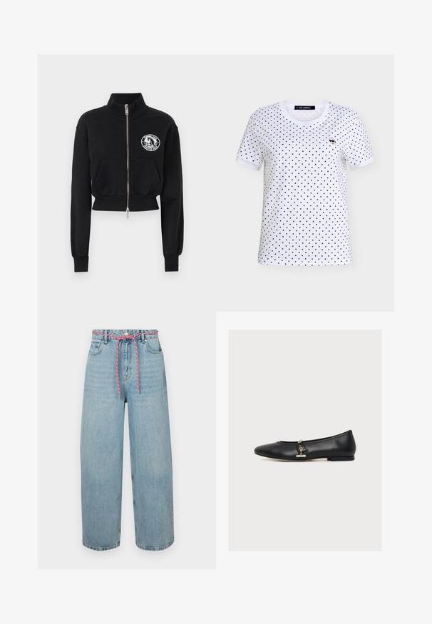 Schwarzes, kurz geschnittenes Sweatshirt mit hohem Kragen, Frontreißverschluss, zwei Taschen und einem weißen Grafik-Patch mit einem Pferdemotiv.; Weißes T-Shirt mit kurzen Ärmeln, schwarzen Polka-Dots und einem kleinen Cartoon-Symbol einer Person mit Sonnenbrille auf der linken Brust.; Hellblaue Denim-Wide-Leg-Jeans mit hoher Taille, ausgestattet mit einer rosa gewebten Kordel und fünf Taschen. Authentische verwaschene Textur.; Schwarze Leder-Ballerina mit einer kleinen goldenen Schnalle an der Seite, niedrigem Absatz und abgerundeter Spitze, im Profil auf weißem Hintergrund dargestellt.