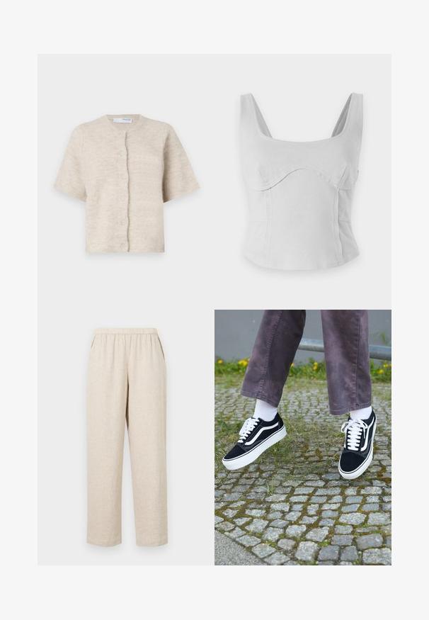 Beige kortærmet cardigan lavet af blødt, tekstureret materiale med en rund halsudskæring og seks matchende knapper fortil.; Grå bomulds crop top med firkantet halsudskæring, brede stropper og buede sømme. Glat overflade med tætsiddende design og ingen synlig hardware.; Beige linnedragter med elastisk talje, der har sidelommer, lige ben og en tekstureret overflade.; Sorte ruskinds sneakers med hvide accenter, med rund tå, tyk hvid sål og klassisk snørebåndsdesign, båret med hvide sokker og lilla bukser.