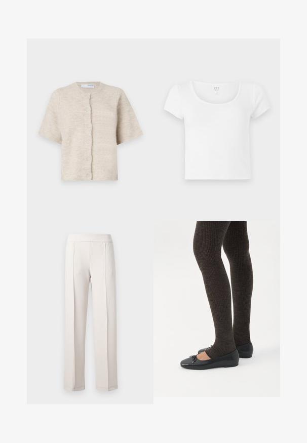 Beige kortærmet cardigan lavet af blødt, tekstureret materiale med en rund halsudskæring og seks matchende knapper fortil.; Hvid kortærmet cropped t-shirt lavet af blødt bomuld, med rund halsudskæring og et enkelt design uden mønstre eller detaljer.; Lys beige vidde bukser lavet af glat stof, der har høj talje, to frontfoldninger og en ren, skræddersyet finish.; Ben iført mørke ribbede leggings kombineret med sorte balletsko med små sløjfedetaljer på hvid baggrund.