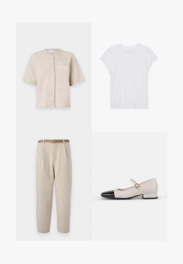 Cárdigan beige de manga corta hecho de un material suave y texturizado, con un escote redondo y seis botones a juego en la parte delantera.; Camiseta blanca de manga corta con cuello redondo, corte relajado, hecha de suave tela de algodón. Textura lisa, sin estampados ni logotipos.; Pantalones beige ajustados con pliegues frontales, un cinturón marrón claro y una hebilla redonda. La tela parece suave con un diseño de pierna recta.; Zapato estilo Mary Jane en cuero crema con puntera de charol negro. Presenta una punta redonda, tirante en el tobillo con una hebilla cuadrada y un tacón bajo y cuadrado.