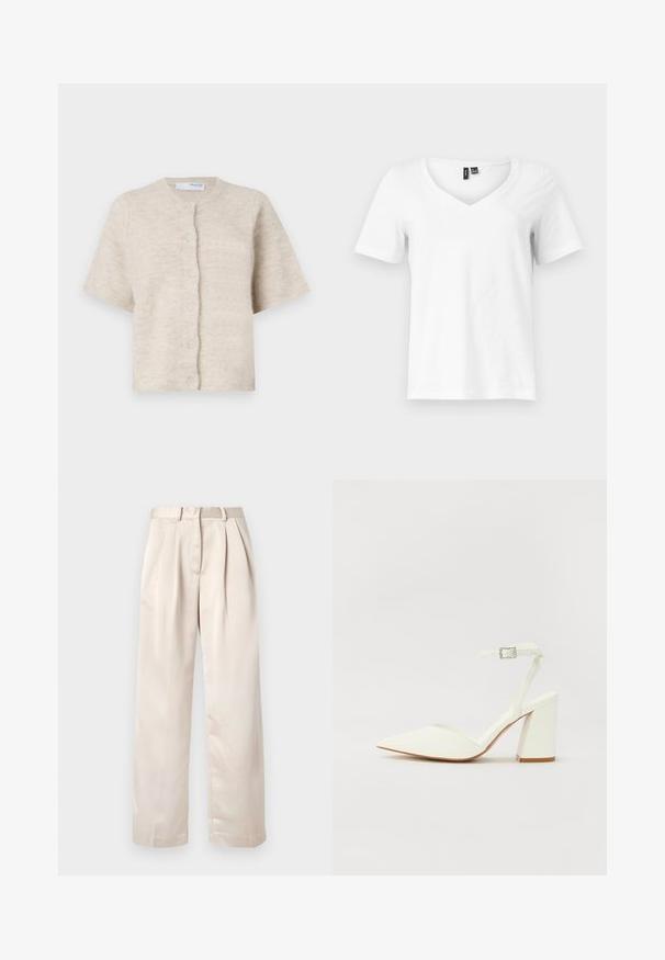 Beige kortærmet cardigan lavet af blødt, tekstureret materiale med en rund halsudskæring og seks matchende knapper fortil.; Hvid kortærmet V-hals T-shirt med synlige sorte tøjmærker ved kraven på en lysegrå baggrund.; Beige plisserede bukser med et lige bendesign, lavet af et glat, let stof; har en taljebånd med bæltestropper.; Hvide hælede sandaler med spids tå, justerbar ankelrem og en kraftig firkantet hæl. Glat tekstur med minimale syninger.