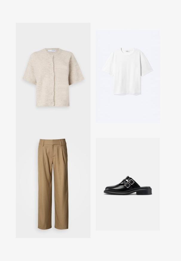 Beige short-sleeve cardigan van zacht, textuurmateriaal met een ronde halslijn en zes bijpassende knopen aan de voorkant.; Witte T-shirt met korte mouwen en een ronde hals met rechte zoom, met een "WEEKDAY" merklabel aan de binnenkant van de hals.; Lichtebruine broek met wijde pijpen en een textuurstof, voorzien van voorplooien en een klassieke tailleband. Rechte snit met een losse pasvorm.; Zwarte leren instapschoen met twee zilveren gespen, open zijkanten, ronde neus en lage gestapelde hak, zijaanzicht op witte achtergrond.