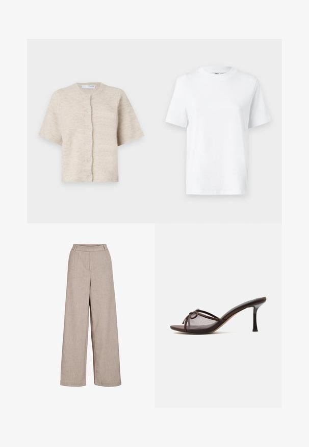 Beige short-sleeve cardigan van zacht, textuurmateriaal met een ronde halslijn en zes bijpassende knopen aan de voorkant.; Witte katoenen T-shirt met ronde hals, korte mouwen en een gladde textuur. Ontworpen met een comfortabele en veelzijdige relaxte pasvorm.; Beige wijde broek gemaakt van lichtgewicht stof. Heeft een gladde textuur, een aansluitende taille en zijzakken voor functionele details.; Bruine mule met open teen, middenhoge naaldhak, transparante mesh bovenkant en klein strikdetail bovenop.