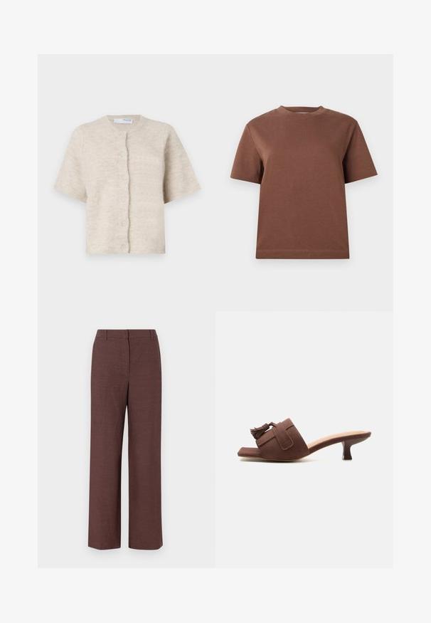 Beige short-sleeve cardigan van zacht, textuurmateriaal met een ronde halslijn en zes bijpassende knopen aan de voorkant.; Bruine katoenen t-shirt met een ronde hals, korte mouwen en een ontspannen pasvorm. Soepele textuur en geen zichtbare patronen of versieringen.; Bruine wijde broek gemaakt van een textuurstof met een gladde afwerking, met een vlakke voorkant, riemlussen en zijzakken.; Bruine suède mule met een kittenhiel van gemiddelde hoogte, vierkante neus en een kwastdetail op de brede band over de voet.