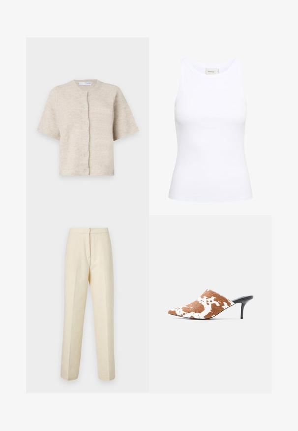 Beige short-sleeve cardigan van zacht, textuurmateriaal met een ronde halslijn en zes bijpassende knopen aan de voorkant.; Witte geribde tanktop met een ronde halslijn en zonder mouwen. Rekbaar materiaal en een aansluitend ontwerp. Het label op de achterkant zegt "GESTUZ."; Lichte crème tailored broek met een textuur van bloemmotief, met een rechte pijp en een schone tailleband met een achtersluiting.; Muil met spits toelopende neus, bruin-witte koeienprint bovenkant en smalle zwarte hoge naaldhak op een lichtgrijze achtergrond.