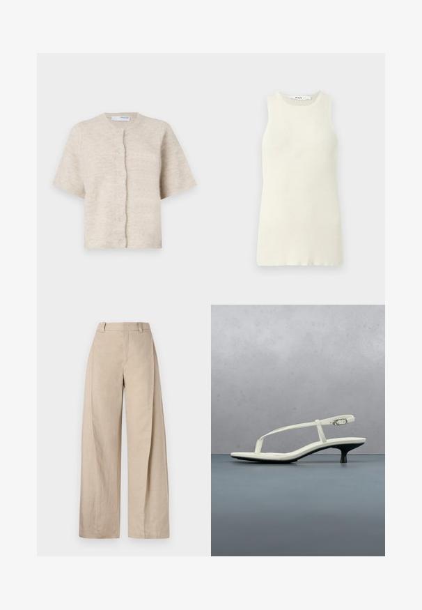 Beige kortærmet cardigan lavet af blødt, tekstureret materiale med en rund halsudskæring og seks matchende knapper fortil.; Udenærmet cremet top lavet af ribbet stof, med rund halsudskæring og tætsiddende design. Ingen synlige mønstre eller accenter.; Beige linnedragt med vidde og høj talje, der har en glat tekstur og rene linjer, designet til en afslappet pasform.; Hvid sandal med stropper og kitten-hæl med spids tå, svævende over et trægulv udendørs med en sløret plante og væg i baggrunden.