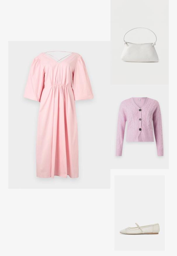Lyserød cropped cardigan lavet af tekstureret strik med kabelmønstre, der har V-hals, ribbet kant og tre mørke knapper foran.; Lyserød midi-kjole med puffede ærmer til albuen, elastisk talje, V-udskæring og tynde krydsede stropper på ryggen.; Off-white flad sko med spids tå, perlebesat rem og lav træhæl, sidevisning på lys baggrund.; Hvid fletlæderhåndtaske med afrundet håndtag og ender på remmen, der er knyttet, vist mod en ensfarvet baggrund.