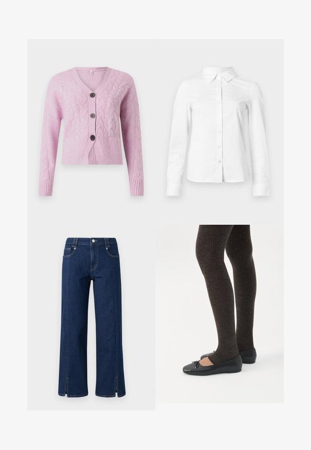 Roze cropped cardigan van een gestructureerde brei met kabelpatronen, voorzien van een V-hals, geribbelde zoom en drie donkere knopen aan de voorkant.; Witte blouse met lange mouwen en knopen, met puntige kraag, rechte zoom en aansluitende silhouet, weergegeven op een effen lichte achtergrond.; Donkerblauwe denim wijde broek met een hoge taille, voorzien van zijzakken, een frontale knoopsluiting en gespleten zoom voor extra detail.; Benen met donkere geribbelde leggings gecombineerd met zwarte ballerina's met kleine strikdetails op een witte achtergrond.