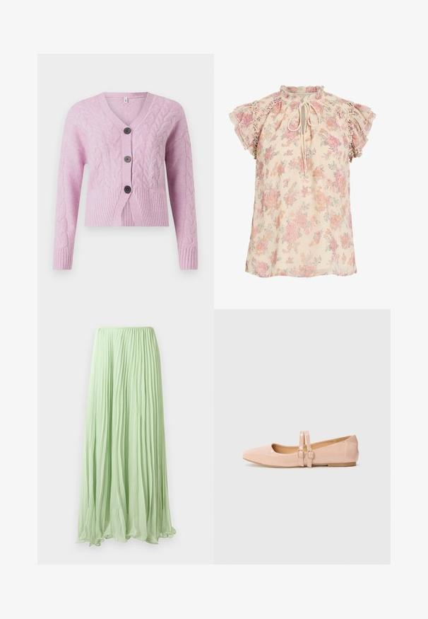 Lyserød cropped cardigan lavet af tekstureret strik med kabelmønstre, der har V-hals, ribbet kant og tre mørke knapper foran.; Cremefarvet blomstret bluse med lyserøde og orange blomster, flæset korte ærmer og bindebånd ved halsudskæringen.; Lys grøn plisseret lang skirt lavet af let stof med elastisk talje, præsenteret mod en hvid baggrund.; Sart rosa patentlæder balletflade med spids tå, der har to justerbare remme og en lav, flad gummisål.
