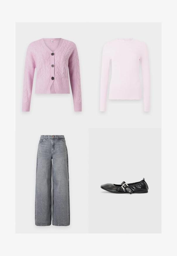 Roze cropped cardigan van een gestructureerde brei met kabelpatronen, voorzien van een V-hals, geribbelde zoom en drie donkere knopen aan de voorkant.; Roze lange mouwen top in ribbelstructuur, met een gerimpelde kraag en een aansluitend ontwerp met rafelrand detail.; Wijde denim jeans in een vervaagde grijze was, met vijf zakken, een knoopsluiting en een zachte textuur met subtiele whiskerdetails.; Zwarte leren platte schoen met een spitse neus, geplooide details rond de opening en een zilveren gespaccentueerde verstelbare band.