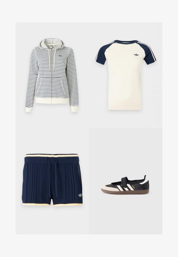 Sweatshirt à capuche rayé en crème et marine, avec une fermeture éclair, des poches avant et un petit logo en forme de cœur sur la poitrine. Matière en coton.; Chemise crème à manches courtes avec manches raglan bleu marine, rayures blanches sur les manches, et un petit logo Adidas noir sur la poitrine.; Shorts en maille bleu marine avec texture côtelée, bordure crème à la taille et à l'ourlet, cordon de serrage à l'avant, et logo Adidas sur la jambe gauche.; Baskets noires et beiges avec une bride en velcro, trois bandes blanches sur le côté, et une semelle en caoutchouc marron texturée. Logo de la marque visible.