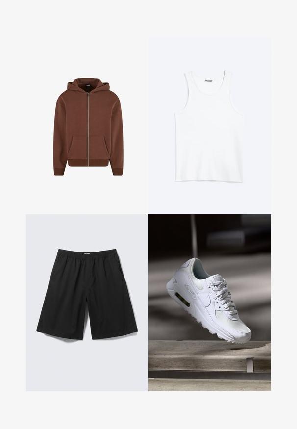 Haut de survêtement zippé marron avec poche kangourou, capuche à cordon, poignets et ourlet côtelés. Fabriqué en tissu doux et texturé.; Débardeur blanc sans manches avec col rond et étiquette de la marque Weekday à l'intérieur du col arrière, présenté à plat sur un fond clair.; Shorts noirs à coupe ample avec taille élastique et poches latérales, présentés sur un fond gris clair.; Sneaker Nike Air Max 90 blanche avec une tige en mesh et cuir, une boîte à orteils perforée et une unité air visible au talon.