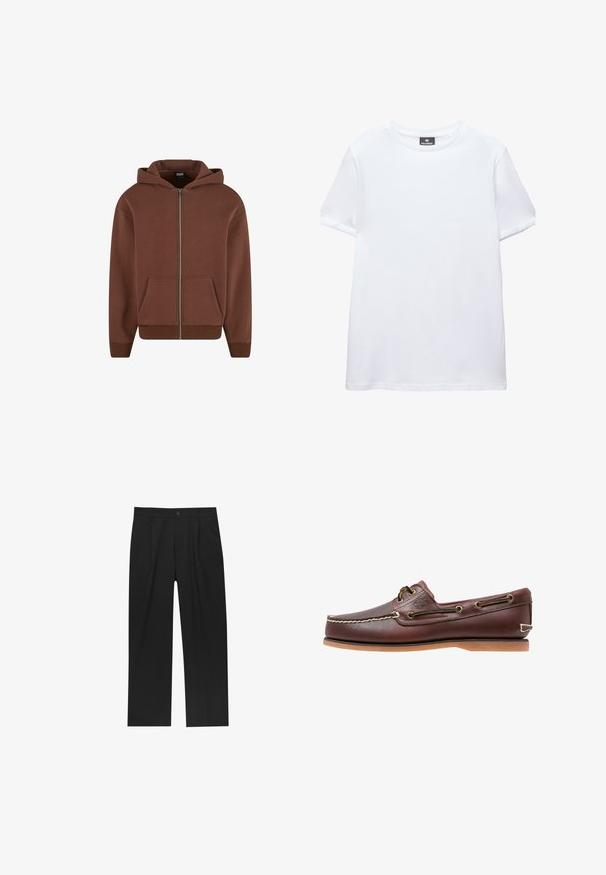 Brun zip-up hættejakke med kængurulomme, snoretræk i hætten, ribbet manchetter og kant. Fremstillet af blødt, struktureret stof.; Simpel hvid t-shirt med korte ærmer og rund halsudskæring med en sort Pull&Bear mærkat indeni kraven, vist på en hvid baggrund.; Sorte bukser med lige ben, lavet af et glat stof. Har frontfolder og en enkelt knaplukning i taljen.; Brun læder bådsko med hvide sømme, snøre detaljer og lysbrun gummisål, vist fra siden på hvid baggrund.