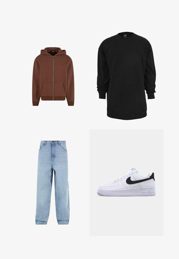 Haut de survêtement zippé marron avec poche kangourou, capuche à cordon, poignets et ourlet côtelés. Fabriqué en tissu doux et texturé.; T-shirt noir à manches longues en coton. Doté d'un col rond et d'une coupe régulière. Textile lisse sans motifs ni accents visibles.; Jeans en denim bleu clair avec une coupe ample, taille haute et cinq poches. Dotés de passants de ceinture et d'une fermeture à bouton. Texture douce.; Sneaker en cuir blanc avec un Swoosh noir texturé, des lacets plats et une semelle en caoutchouc avec un motif strié. "AIR" est embossé sur le talon.