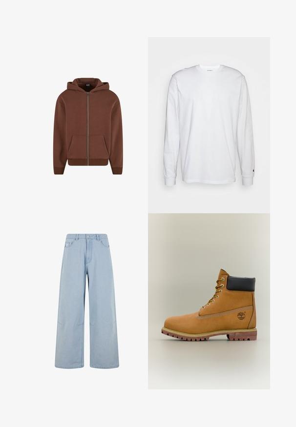Brun zip-up hættejakke med kængurulomme, snoretræk i hætten, ribbet manchetter og kant. Fremstillet af blødt, struktureret stof.; Hvid langærmet T-shirt lavet af bomuld. Rund halsudskæring med ribbede manchetter og et lille logo på venstre ærme. Glat tekstur.; Lysblå vidbenede jeans lavet af denim, med høj talje, knaplukning og frontlommer. Designet inkluderer diskrete syninger.; Brun læderankelstøvle med sort krave, gule snørebånd og tanfarvet sål. Har logo og hvide syninger som detalje. Robust ydersål med greb.