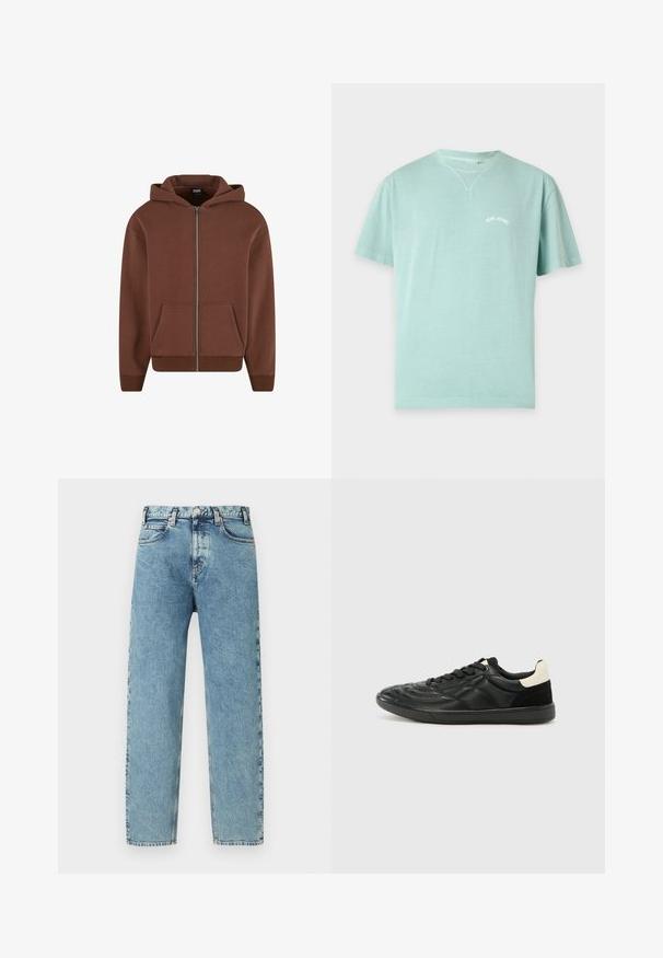 Ruskea vetoketjullinen huppari, jossa on kengurupocket, kiristysnauha hupussa ja ribaatut hihansuut sekä helma. Valmistettu pehmeästä, rakenteellisesta kankaasta.; Vaaleansininen lyhythihainen pyöreäkauluspaita, jossa pienenä valkoisena tekstinä "PEPE JEANS" vasemmalla rinnassa.; Vaaleansiniset farkut, suoralahkeisella leikkauksella, viidellä taskulla ja messinkisellä nappisuljentalulla. Kangas on hieman teksturoitu ja haalistunut.; ALDO THEPITCH - Matalavartiset tennarit - black