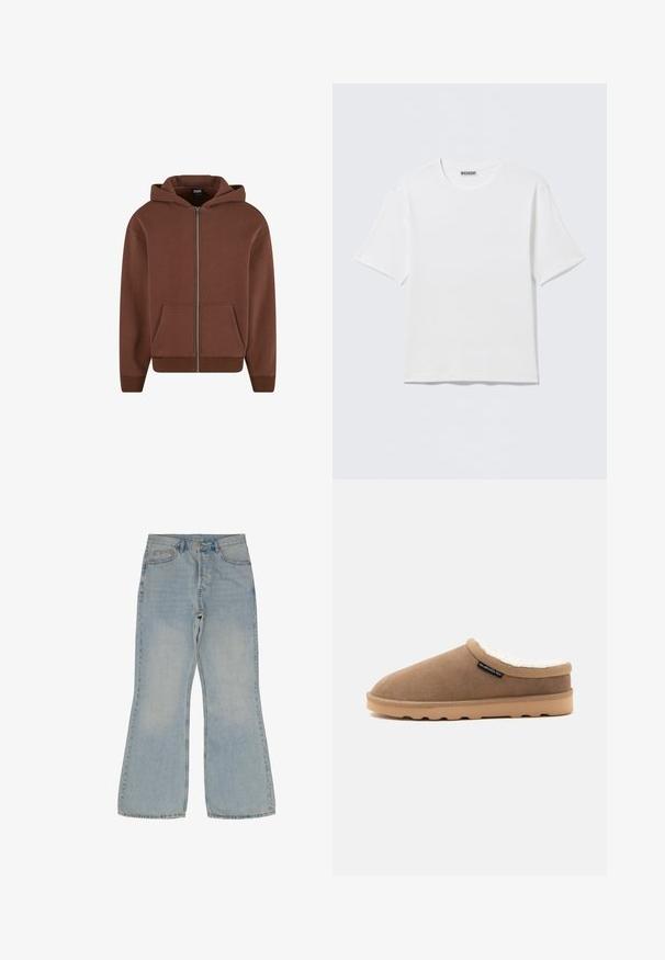 Haut de survêtement zippé marron avec poche kangourou, capuche à cordon, poignets et ourlet côtelés. Fabriqué en tissu doux et texturé.; T-shirt blanc uni à manches courtes et col rond, avec une petite étiquette "WEEKDAY" à l'intérieur du col arrière, présenté à plat.; Jeans évasés bleu clair en denim. Comprend cinq poches, une fermeture à bouton et des coutures contrastées le long des coutures.; Chausson marron à enfiler avec semelle beige et doublure blanche duveteuse, étiquette latérale avec logo Quiksilver, présenté de profil sur fond uni.
