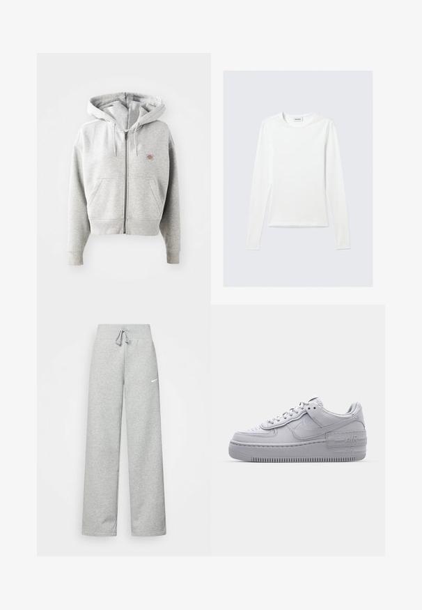 Grauer Reißverschluss-Hoodie mit einer Vorderasche, verstellbarem Kordelzug-Hauben, gerippten Bündchen und einem kleinen Logo auf der Brust. Material aus Baumwollmischung.; Langärmliges, schlichtes weißes Rundhals-Shirt mit schlanker Passform, dargestellt vor einem hellgrauen Hintergrund.; Graue Jogginghose mit elastischem Bund, Kordelzug und kleinem weißen Nike-Logo am linken Oberschenkel. Weicher Stoff, locker sitzend.; Graue Nike Air Force 1 Sneaker mit perforierter Zehenpartie, Obermaterial aus glattem Leder, dicker Sohle und geprägtem 'AIR'-Detail an der Ferse.