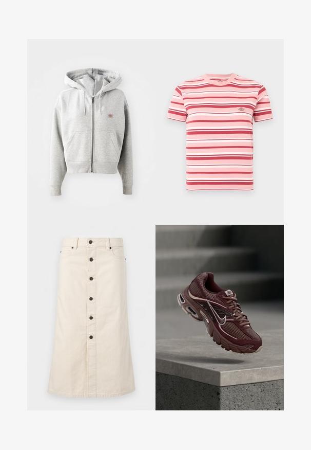 Grauer Reißverschluss-Hoodie mit einer Vorderasche, verstellbarem Kordelzug-Hauben, gerippten Bündchen und einem kleinen Logo auf der Brust. Material aus Baumwollmischung.; Kurzärmeliges rosa T-Shirt mit horizontalen roten, weißen und hellrosa Streifen sowie einem kleinen Logopatch auf der linken Brust.; Beiger kniehoher Jeansrock mit schwarzen Knöpfen vorne, Gürtelschlaufen und Seitentaschen vor einem schlichten weißen Hintergrund.; Dunkelroter Nike-Laufschuh mit Mesh-Stoff, gepolstertem Kragen, dicker Sohle und weißen Akzenten. Das Design zeichnet sich durch eine abgerundete Zehenpartie und markante Schnürsenkel aus.