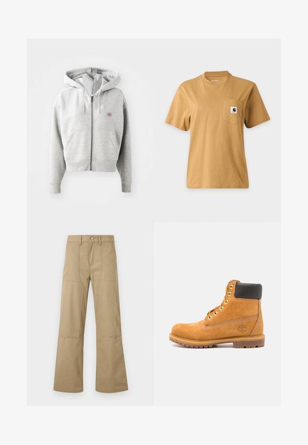 Grauer Reißverschluss-Hoodie mit einer Vorderasche, verstellbarem Kordelzug-Hauben, gerippten Bündchen und einem kleinen Logo auf der Brust. Material aus Baumwollmischung.; Schlichtes braunes kurzärmeliges T-Shirt mit einer Brusttasche, die einen quadratischen Markenlogo-Patch zeigt, dargestellt auf einem einfachen hellen Hintergrund.; Beige hoch taillierte Hosen mit weitem Bein, vorderen aufgesetzten Taschen, Gürtelschlaufen und Knopfverschluss. Einfacher, strapazierfähiger Stoff mit sichtbaren Nähten.; Braune Leder-Stiefelette mit schwarzer Polsterung, goldenen Ösen und einer strukturierten Sohle. Hat ein kreisförmiges Logo an der Seite und Nähakzente.